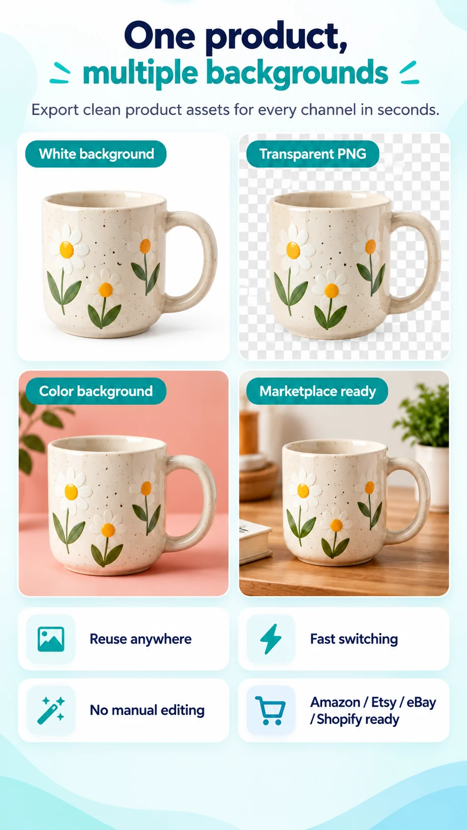 Pixbot Hero mobile illustration showing one product with white, transparent, and color background options.
